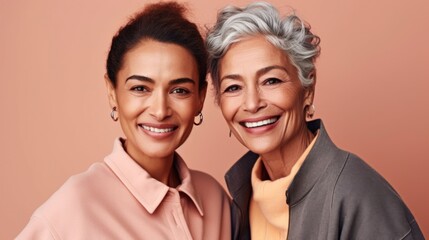 Fototapeta premium Two senior women radiating happiness in a studio, displaying different skin tones, stylish grey hair, and neutral outfits. Generative AI