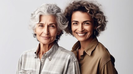 Senior women beaming with joy, representing various skin tones, stylish grey hair, and neutral attire, photographed in a studio environment. Generative AI