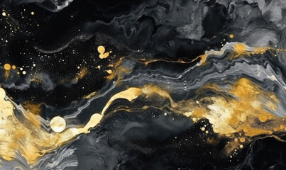 Texture of black marble stone. Spreading paint out wallpaper and golden flow.