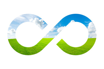 Green leaf,cloud,grass infinity symbol on white background, Environmental conservation and clean...