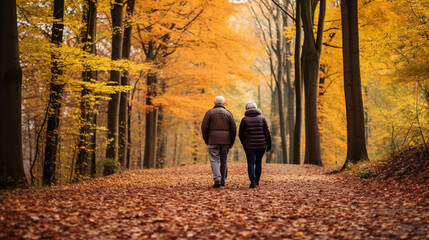 Old couple walking in autumn forest - 645766059