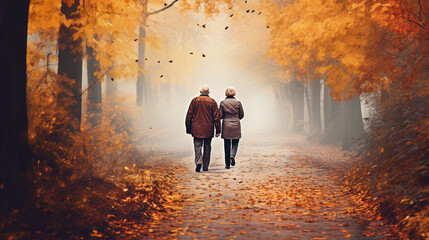 Old couple walking in the forest in autumn