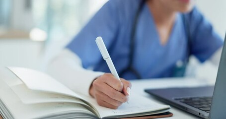 Doctor, hands and writing in healthcare planning, hospital research and schedule or internship goals. Woman, nurse or medical student with notes, notebook and computer in clinic education or studying - Powered by Adobe
