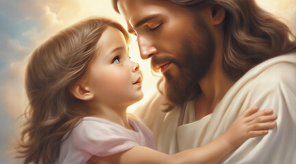 Heavenly Love: Jesus Embracing a Cute Little Girl with Love, AI Generated. - obrazy, fototapety, plakaty
