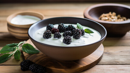 Bowl of Yogurt Topped with Blackberries