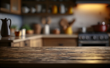 Fototapeta na wymiar Empty rustic wooden tabletop against blurred kitchen, Generative AI