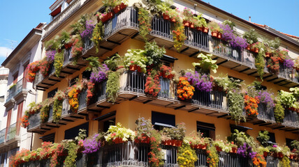 Fototapeta na wymiar Building Adorned with Balcony Flowers
