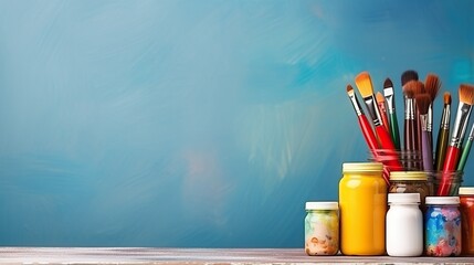 Obraz premium Art supply on table, wall with copy space