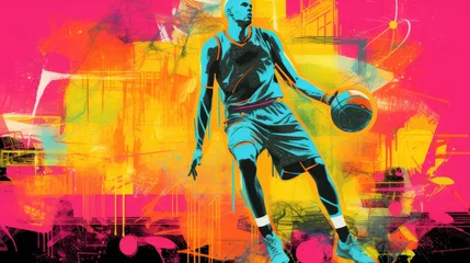Gordijnen Basket ball player, pop art collage style neon bold color © thesweetsheep
