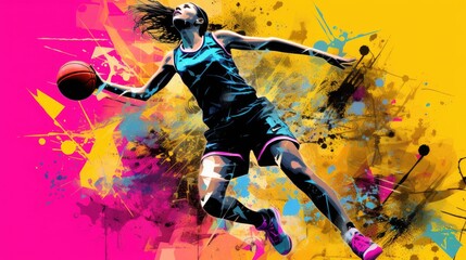 Basket ball player, pop art collage style neon bold color