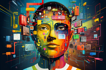  Dive into a colorful world where memes, emojis, and digital vernacular come to life, capturing the dynamic spirit of online communication in a visually captivating piece.