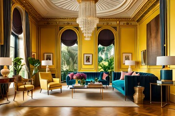 Architectural Digest photo of a maximalist yellow living room with lots of flowers and plants,...