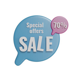 3d render speech bubbles tags illustration with discounts off 20,40 and 70 percent, in red,purple,yellow and blue colors. For graphic promotion element. Isolated on white background.