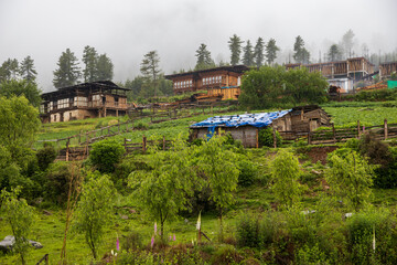 Scenic view of buildings in a valley in Bhutan.