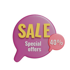 3d render speech bubbles tags illustration with discounts off 20,40 and 70 percent, in red,purple,yellow and blue colors. For graphic promotion element. Isolated on white background.