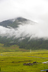 View of green valley with clouds over mountains in the background located in Bhutan.