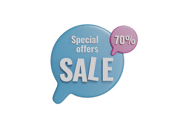 3d render speech bubbles tags illustration with discounts off 20,40 and 70 percent, in red,purple,yellow and blue colors. For graphic promotion element. Isolated on white background.