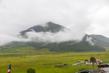 View of green valley with clouds over mountains in the background located in Bhutan.