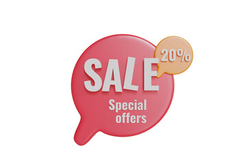 3d render speech bubbles tags illustration with discounts off 20,40 and 70 percent, in red,purple,yellow and blue colors. For graphic promotion element. Isolated on white background.