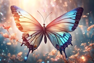 Fototapety  Dreamy fantasy magical butterflies, highly detailed, butterfly, wings, soft light colors, phoenix glitter, pretty, beautiful, bonito, magical. AI Generated.