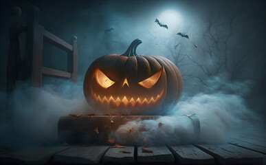 Pumpkin on wooden planks, Halloween concept art, Generative AI