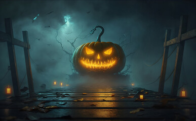 Pumpkin on wooden planks, Halloween concept art, Generative AI
