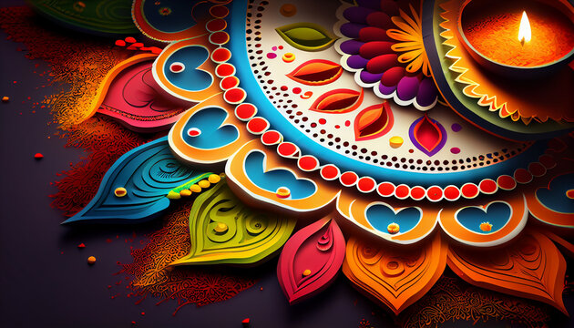 A colorful rangoli, diwali realistic background, Ai generated image