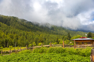 Scenic view of landscape with mountains and clouds in Bhutan.