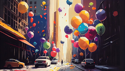 A painting of a city street with lots of colorful balloons floating, Ai generated image