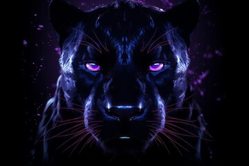 Virtual Panther: Dark Purple and Light Black Panther Face on Black Background for Futuristic Album Covers in Virtual Reality Style