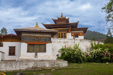 View of an interiors of a monastery in Bhutan, view of architecture of a religious temple in Asia.