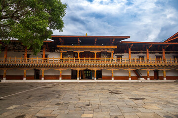 View of an interiors of a monastery in Bhutan, view of architecture of a religious temple in Asia.