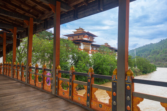 View of Punakha Dzong located next to Mo Chhu river in Bumthang district of Bhutan.