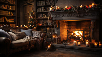Fototapeta na wymiar Festive and Cozy Christmas: A beautifully decorated living room with a roaring fireplace, adorned with twinkling lights and stockings hung by the chimney