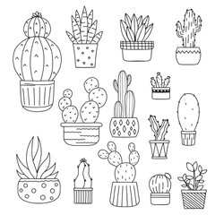 Set of cute succulents. Kawaii cactus. Black and white doodle style illustration