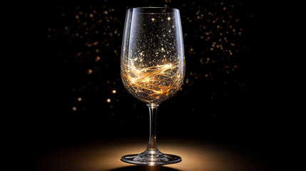 The wine glass sparkles and shimmers with a magical starry glow inside.