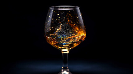 The wine glass sparkles and shimmers with a magical starry glow inside.