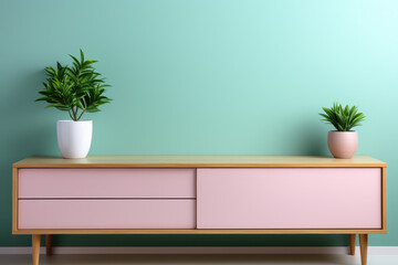 White vase on pink cabinet in green living room interior in minimalist style. High quality photo