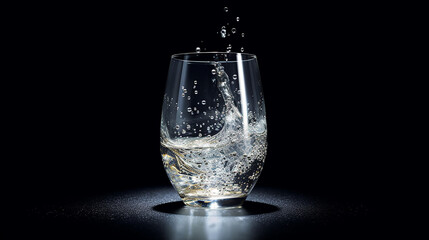 Glass of water on a black background with splashes and drops.