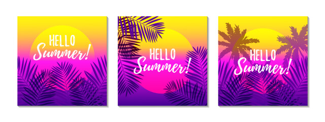 Set of summer square designs. Vector illustration. Colorful tropical poster. Social media post template