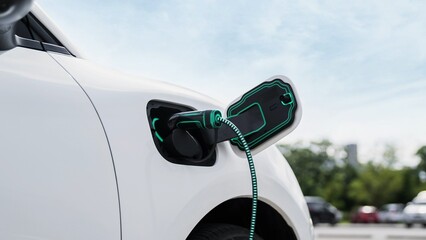 Electric car recharging with EV charger from charging station at public car park. Future innovative...