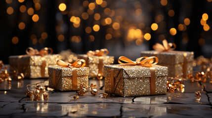 Golden Christmas presents arranged beautifully under a glittering tree - ideal for adding a touch of luxury to your holiday marketing materials