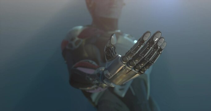 Futuristic Robot offering an arm, opening palm, giving arm inviting handshake, friandly machine learning conceptual design about AI domination, depth of field 