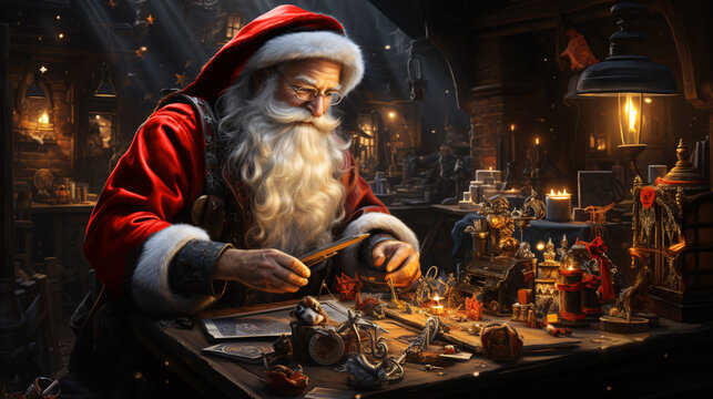 Santa's Workshop: Santa Claus busy in his workshop filled with toys, surrounded by colorful presents waiting to be delivered on Christmas Eve.