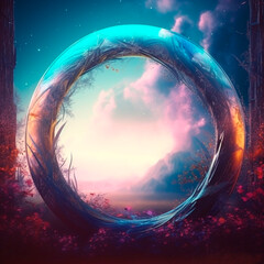 Fototapeta premium Magic portal ring frame background. Purple 3d ring glowing with red flowers and vegetation and magical night clouds with sea in fantasy space