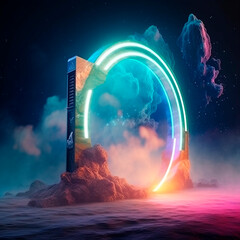 Neon cyber portal with clouds background. Purple 3d ring glowing with digital illumination on futuristic stone stand with sea waves in night fantasy space