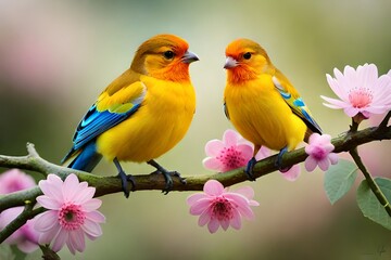 two yellow birds sitting on a branch with pink flowers, a fine art painting by Carol Sutton, pinterest, figurative art, detailed painting, digital painting, lovely - obrazy, fototapety, plakaty