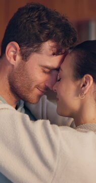 Forehead, Care Or Happy Couple Hug In Kitchen For Romance, Love Or Bond Together In An Intimate Connection. Eye Contact, Man Or Romantic Woman In Embrace To Celebrate Marriage Anniversary At Home