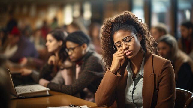 African American student Tired woman napping during lecture in the classroom
