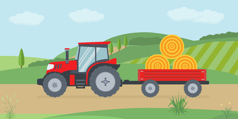 Elementi della fattoria  del trattore e sfondo della natura ecologica - illustrazioni balle di fieno trasporto